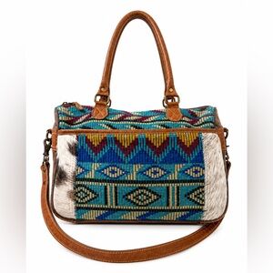 Myra‎ Bag Foxy Messenger S-1968 Cowhide Aztec Turquoise Leather Crossbody Tote